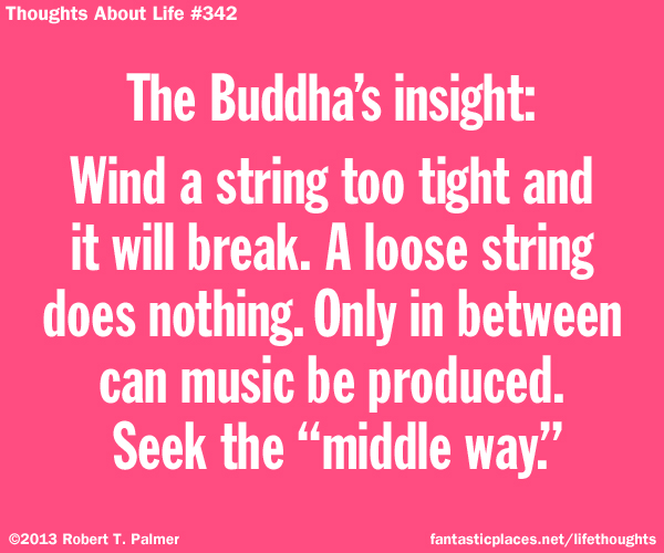 The Buddha's insight: Wind a string too tight and it will break. A loose string does nothing. Only in between can music be produced. Seek the 